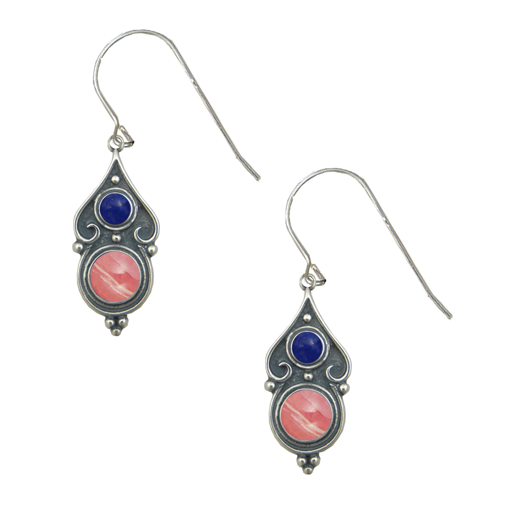 Sterling Silver Designer Post Stud Earrings With Rhodocrosite And Lapis Lazuli